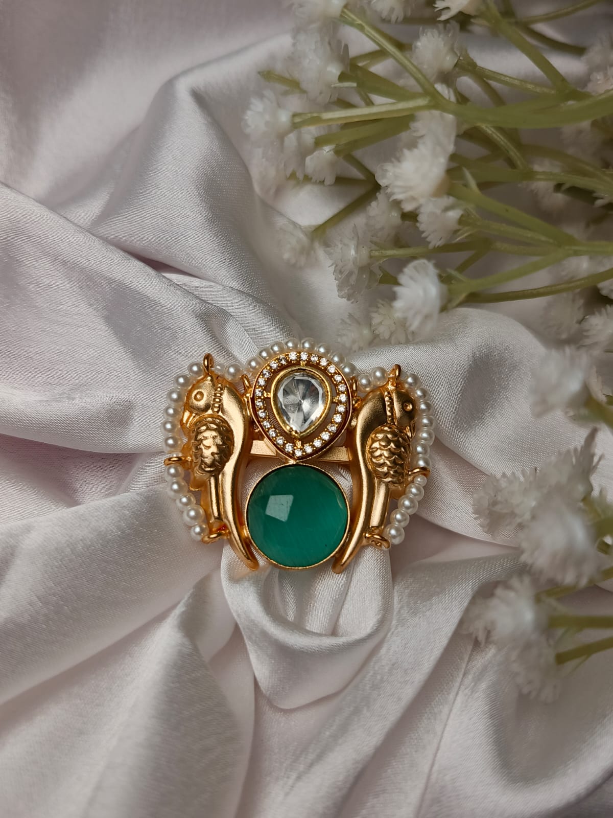 Adjustable brass Artisan Parrot & Pearl Statement Ring