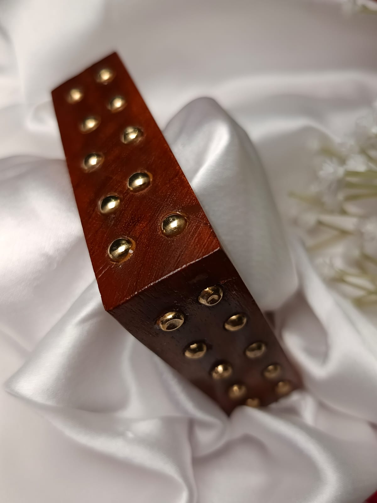 Trending free size up to 2'8 Geometric Wood Bangle with Gold Studs - Artisan Crafted Statement Piece