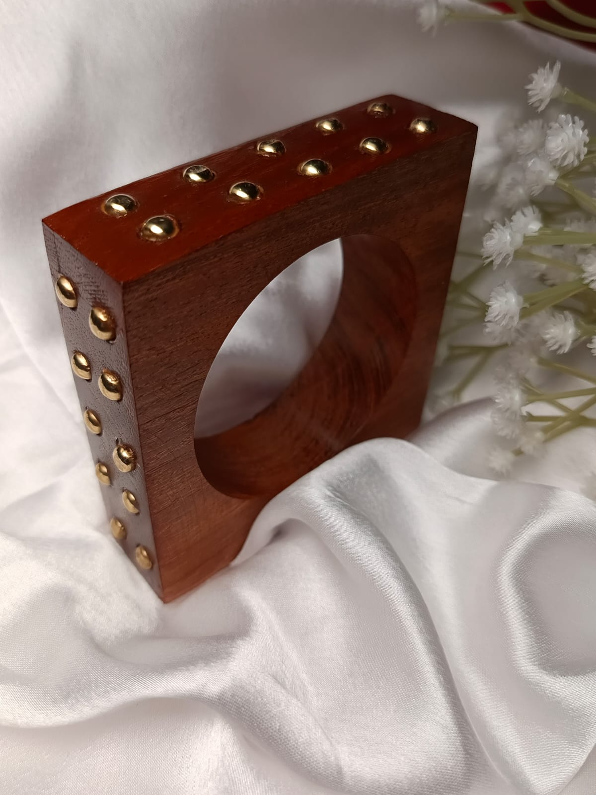 Trending free size up to 2'8 Geometric Wood Bangle with Gold Studs - Artisan Crafted Statement Piece