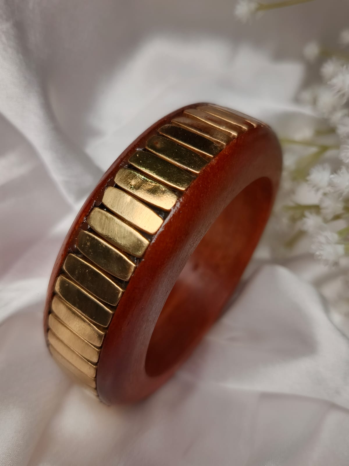Geometric Wood Bangle with Gold Bar Inlays size upto 2'8