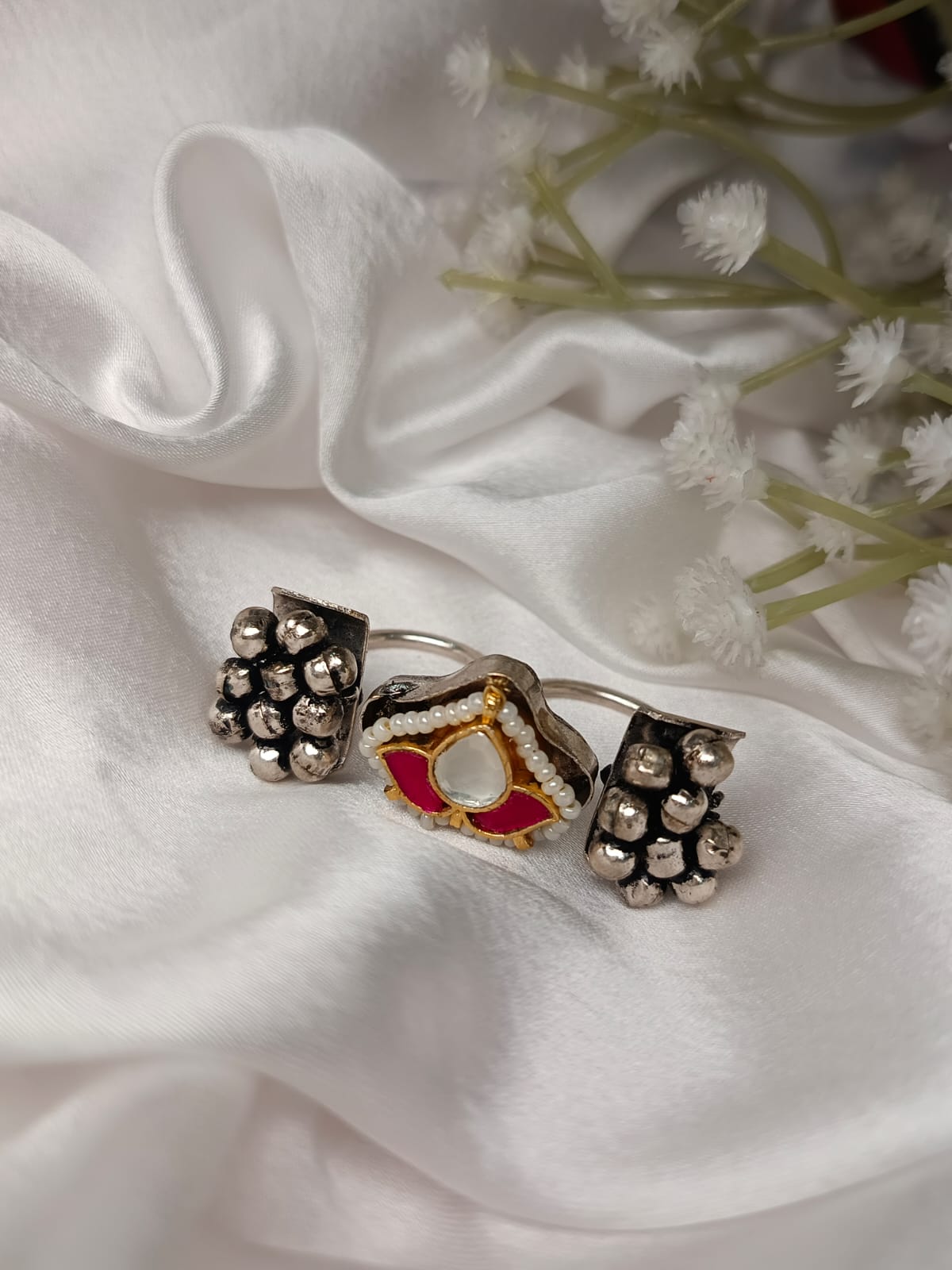 Adjustable Artisan Parrot & Pearl Brass Statement Ring