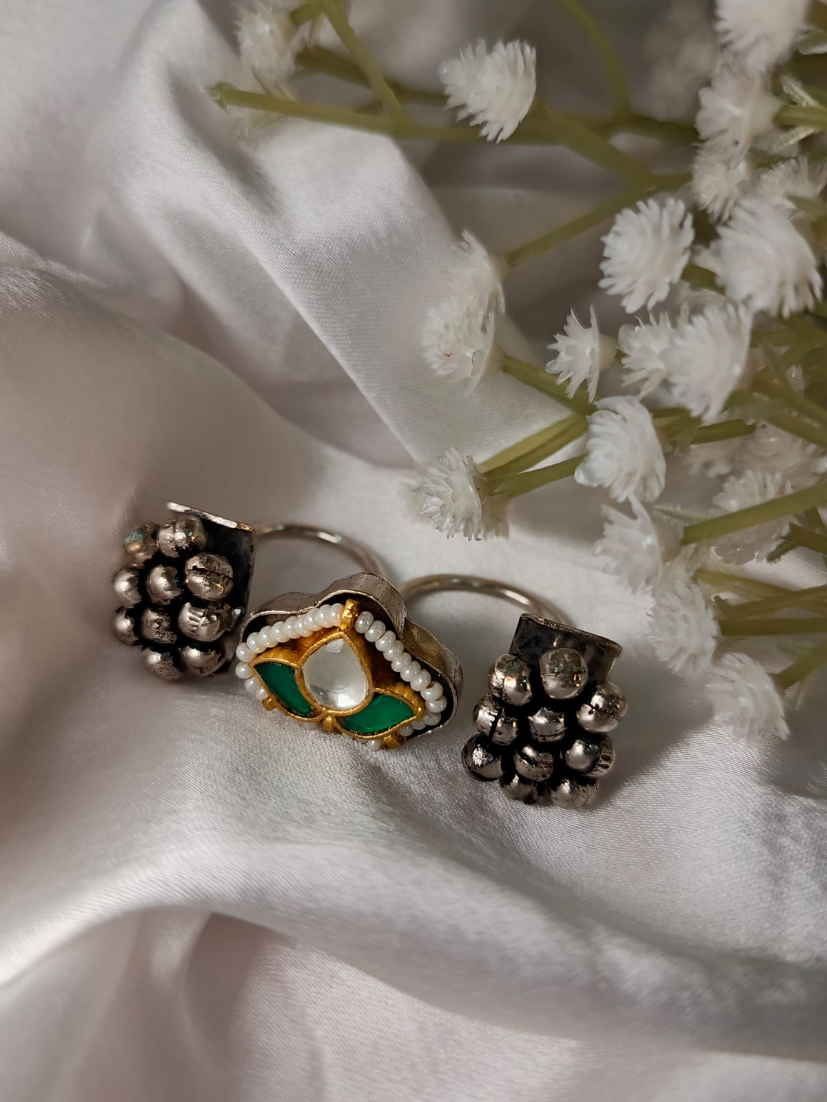 Adjustable Artisan Parrot & Pearl Brass Statement Ring