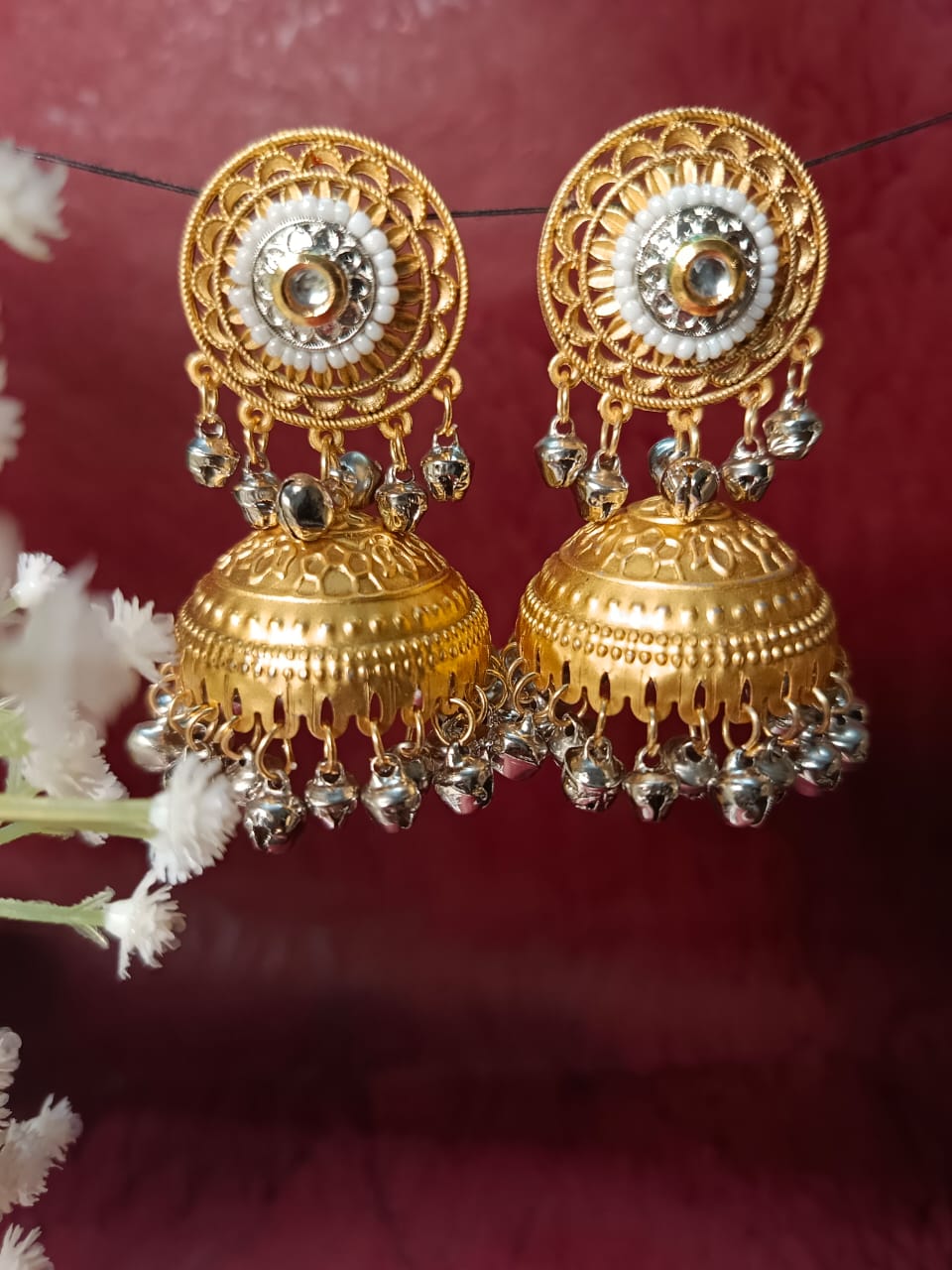 Traditional Gold-Plated Brass Jhumka Earrings with Beaded Detailing