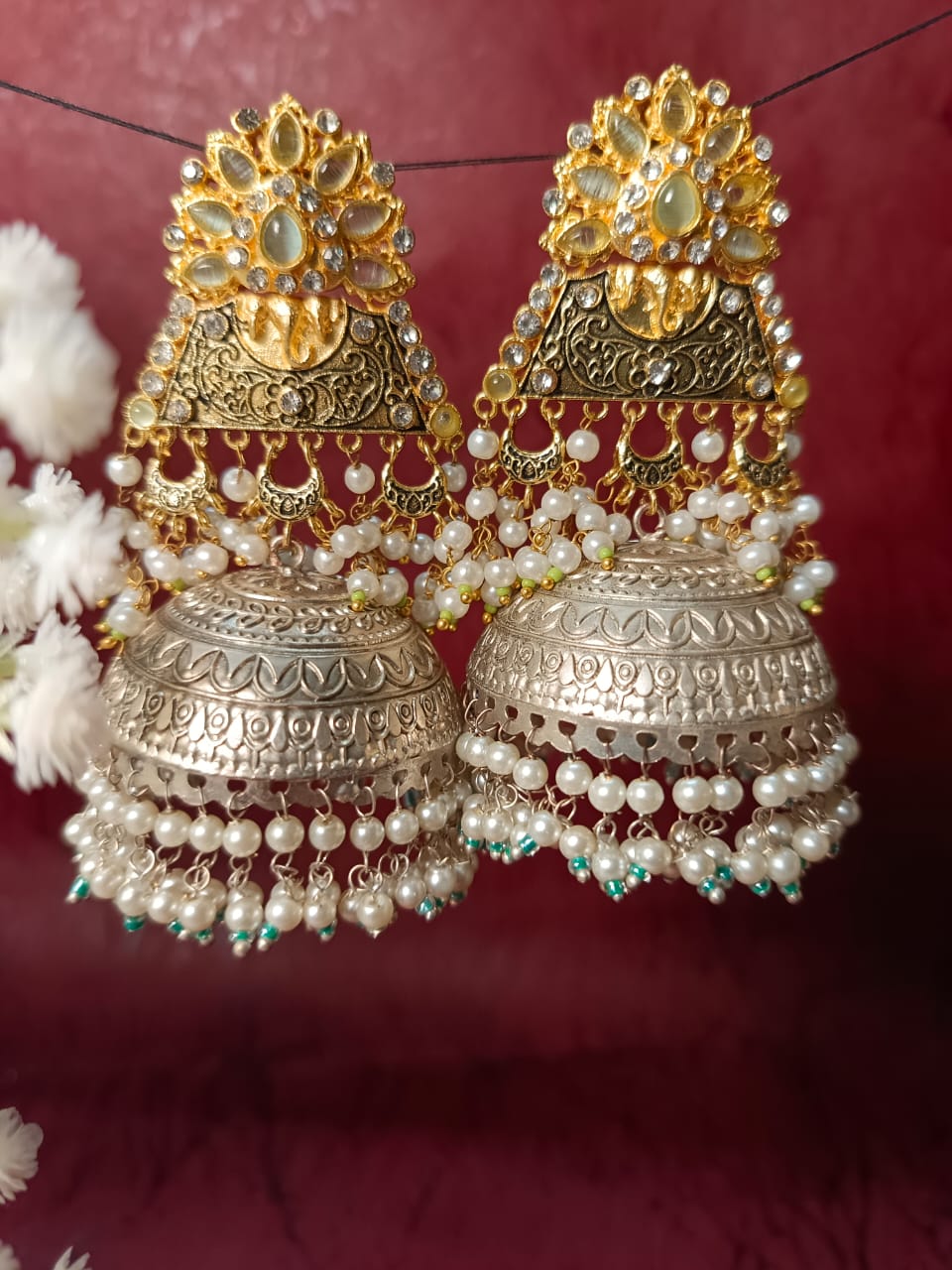 Exquisite Traditional Brass Jhumkas with Pearls