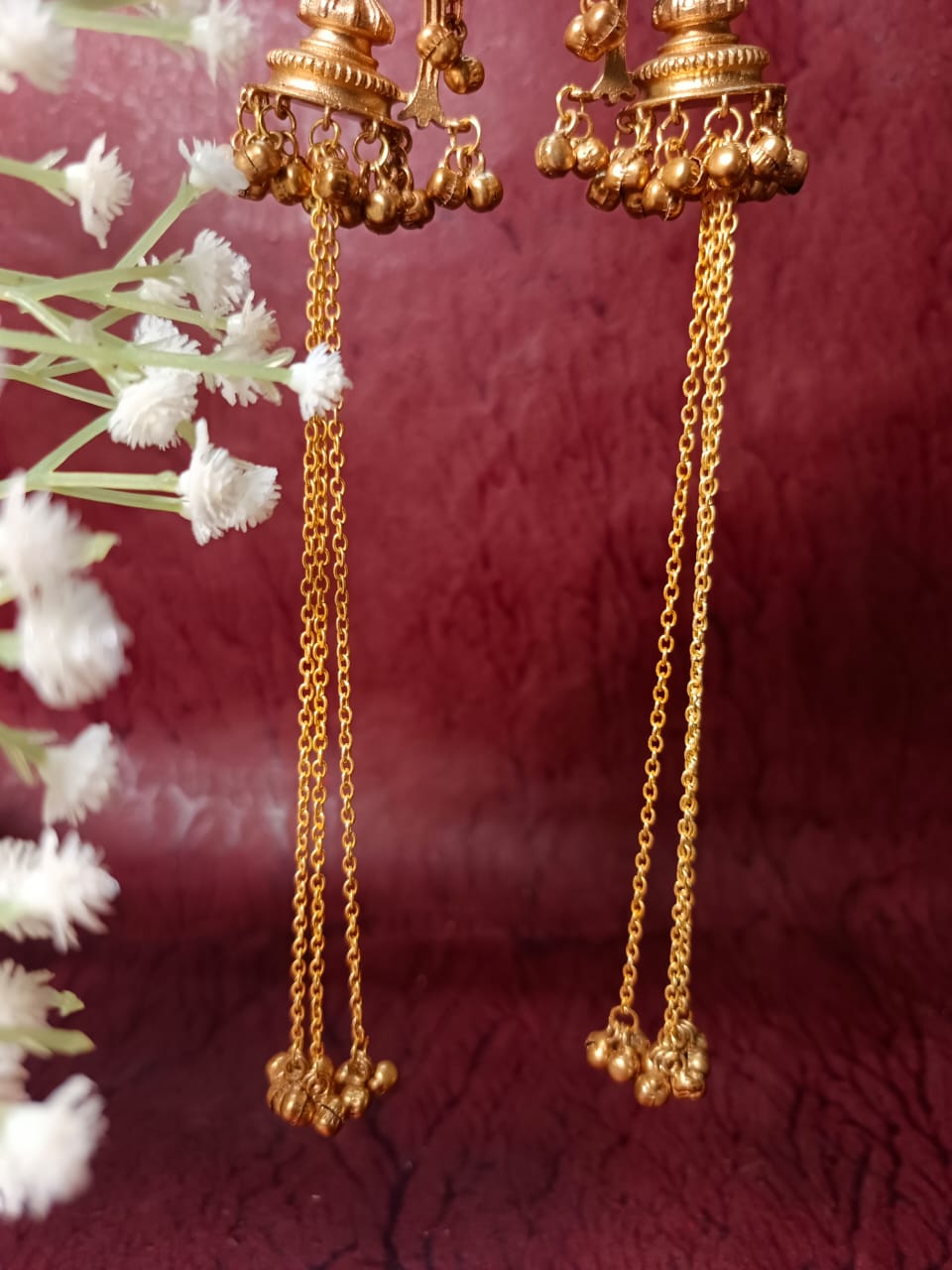 Antique Brass Jhumka Earrings with Long Chains