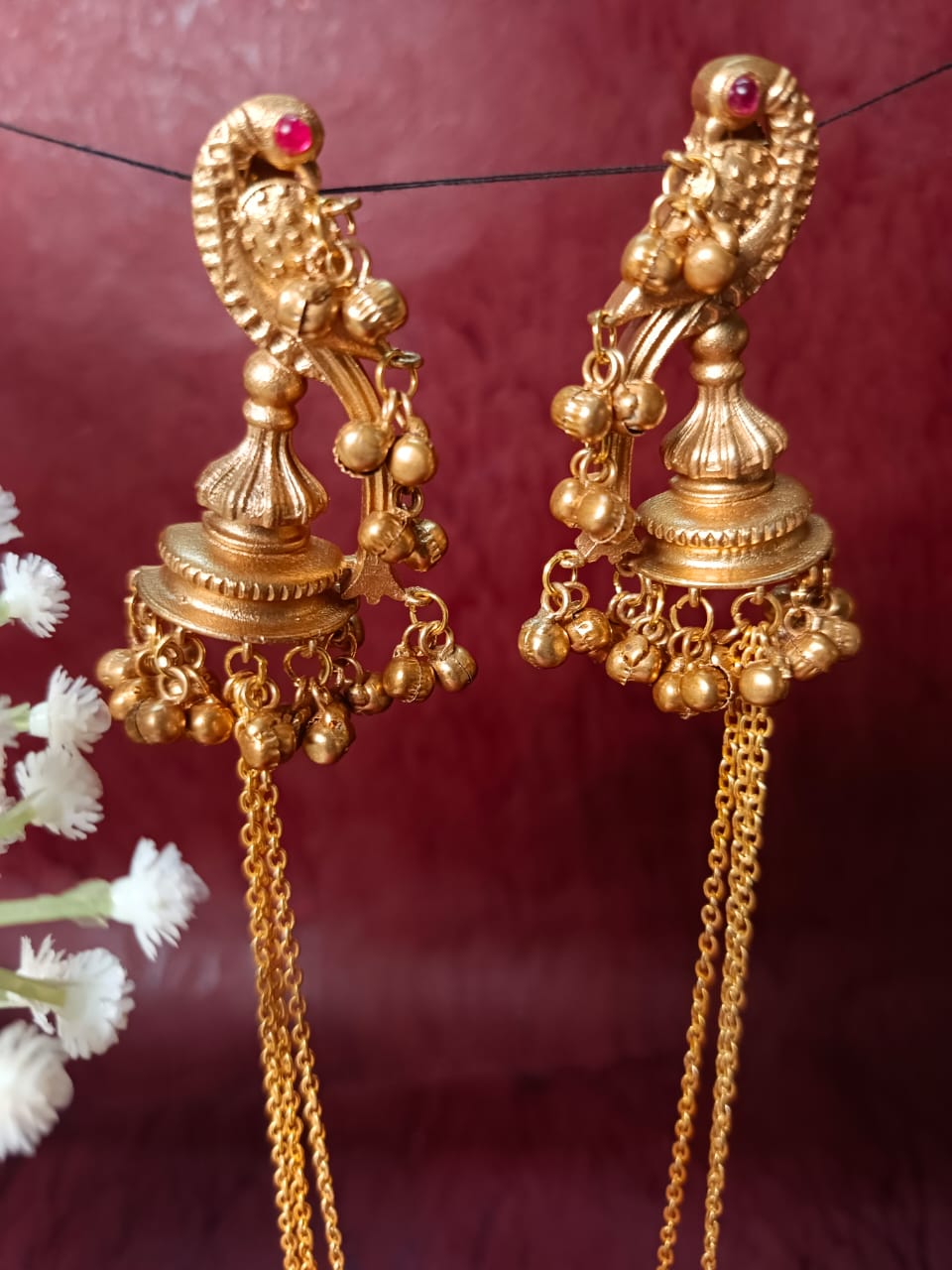 Antique Brass Jhumka Earrings with Long Chains