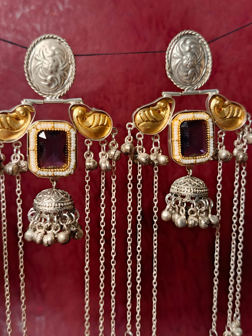 Dual-Tone brass Jhumka Earrings with Onyx and Chains