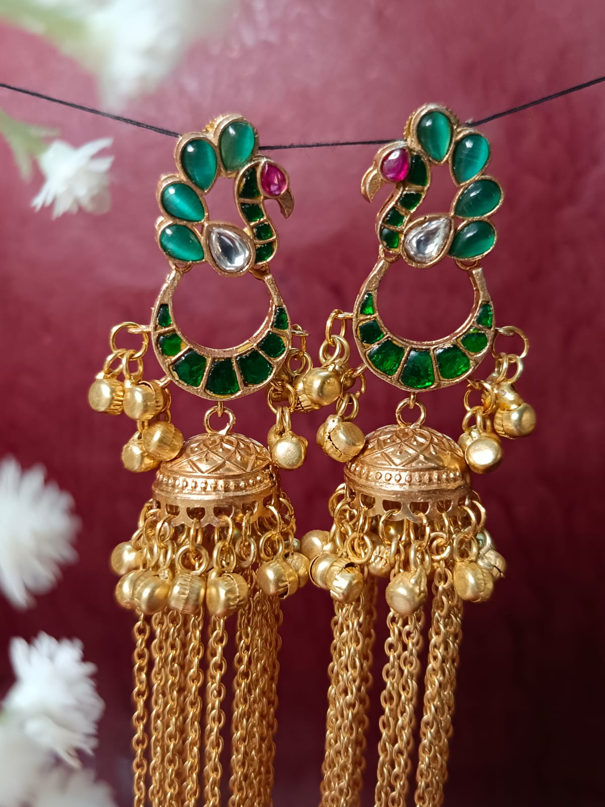 Handcrafted Brass Peacock Earrings with Long Chains