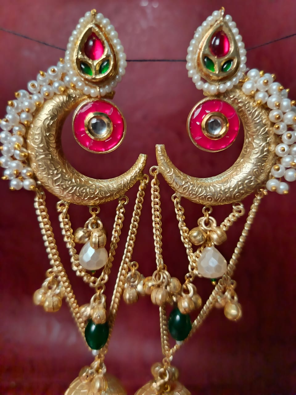 Kundan & Pearl Chandbali Jhumka Earrings - Antique Gold Tone Brass