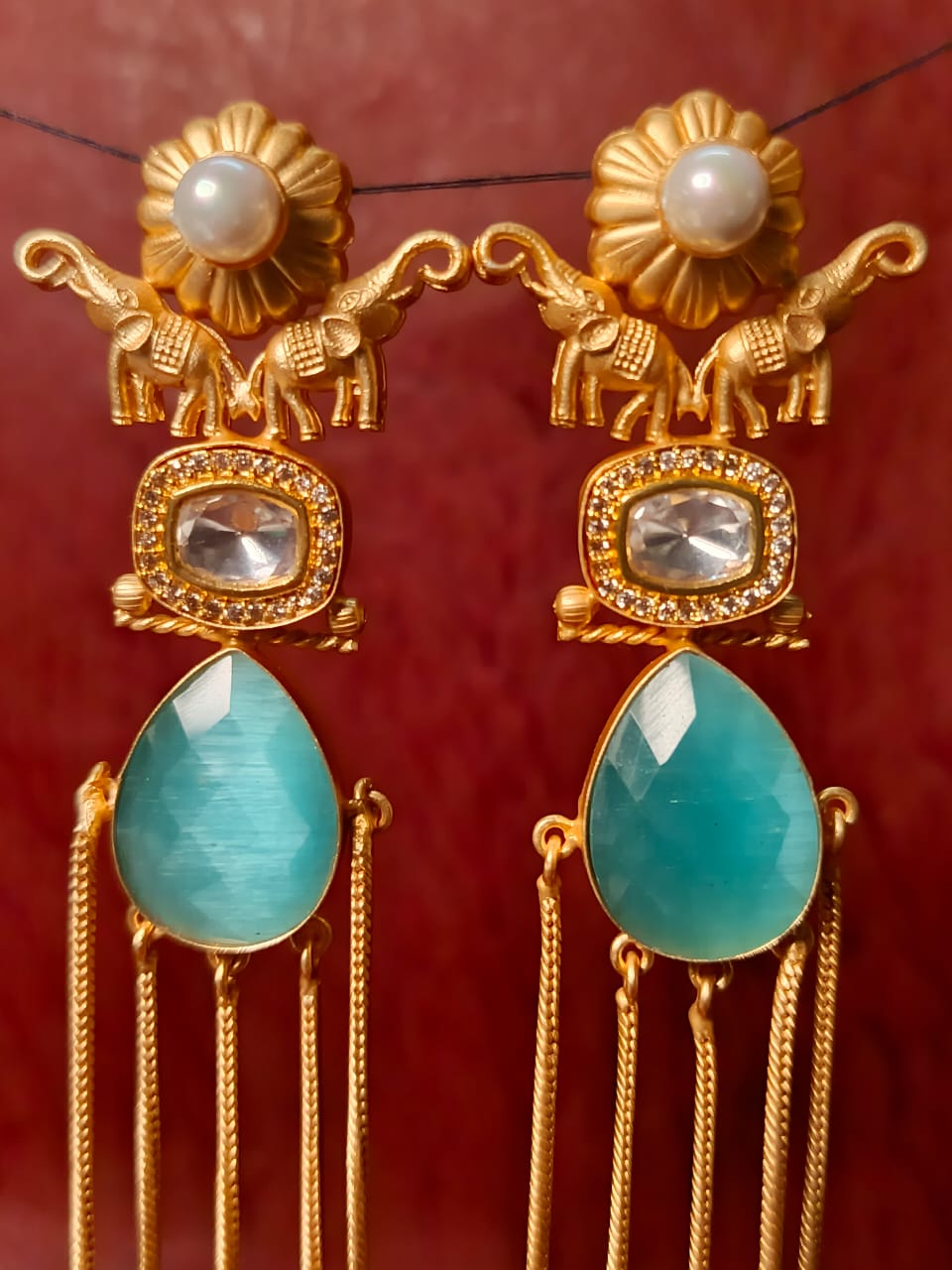Handcrafted Elephant and Aqua Stone Brass Earrings