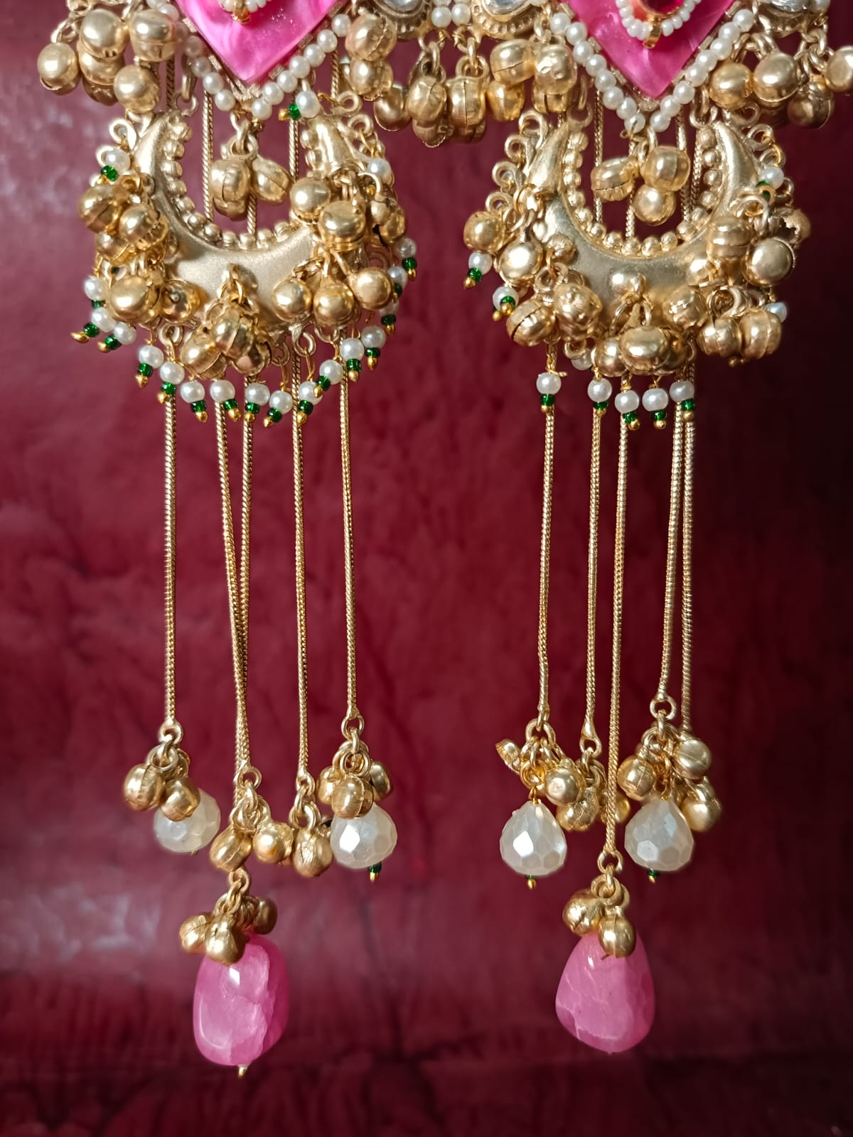 Regal Brass Gold-Plated Chandbali Jhumka Earrings with Pearls and Meenakari