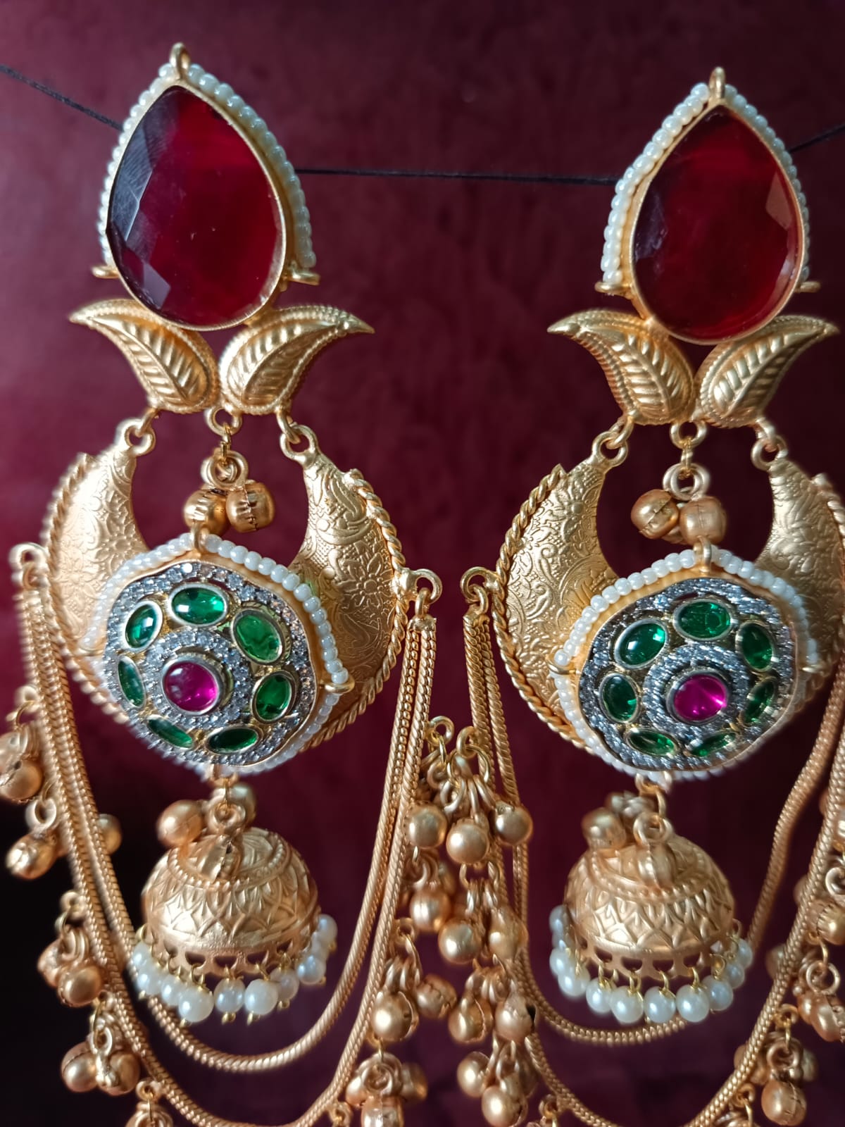 Regal Tiered Brass Chandbali Jhumkas with Dangle Chains