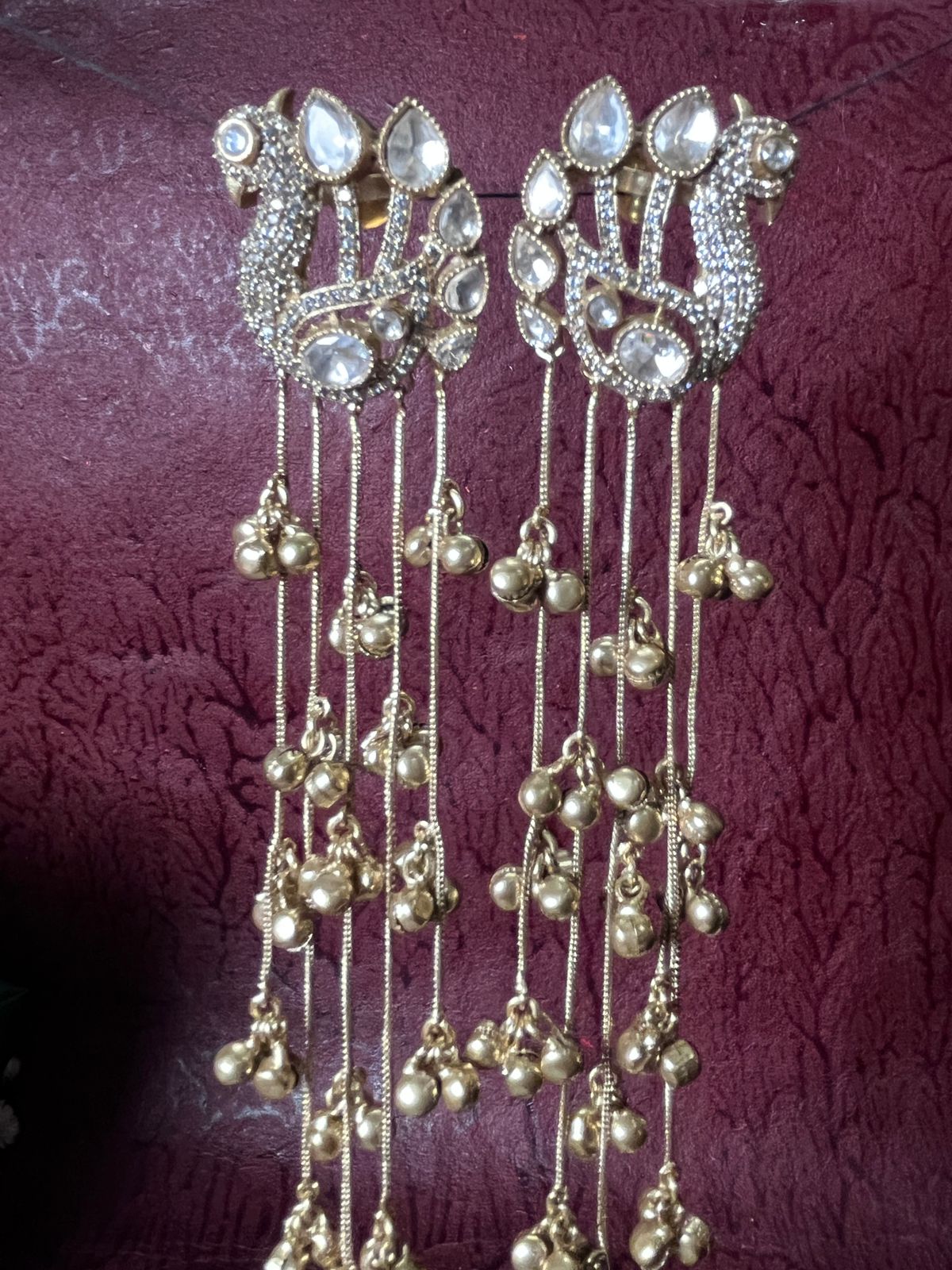 Dazzling Peacock Stud & Gold Ghungroo Chain Waterfall Earrings
