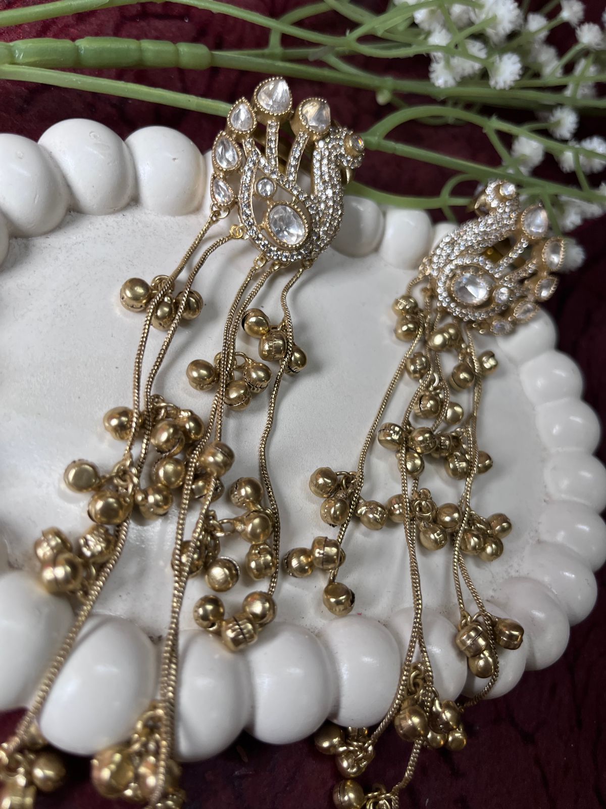 Dazzling Peacock Stud & Gold Ghungroo Chain Waterfall Earrings