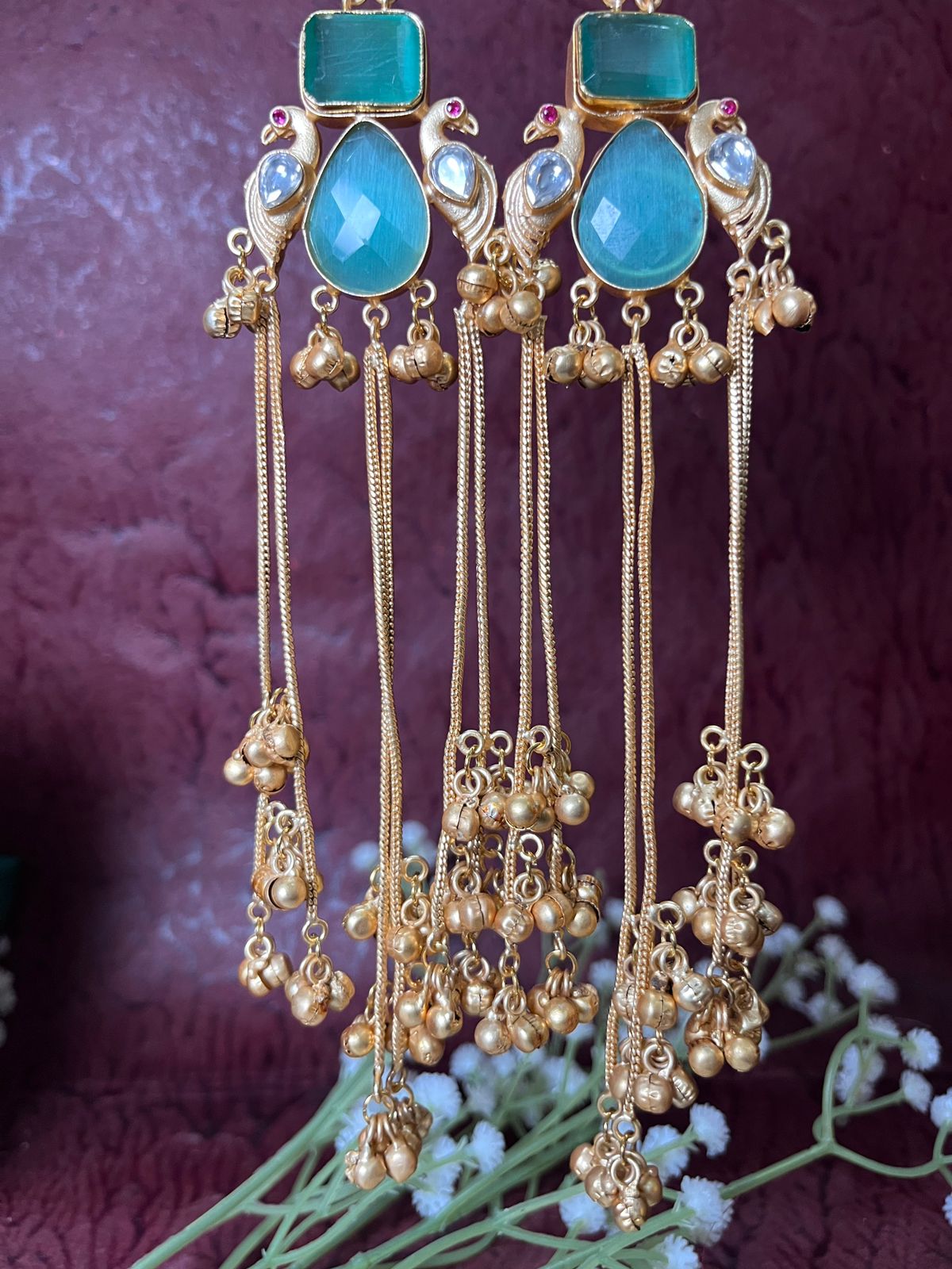 Emerald Green Kundan & Polki Style Brass Chain Earrings