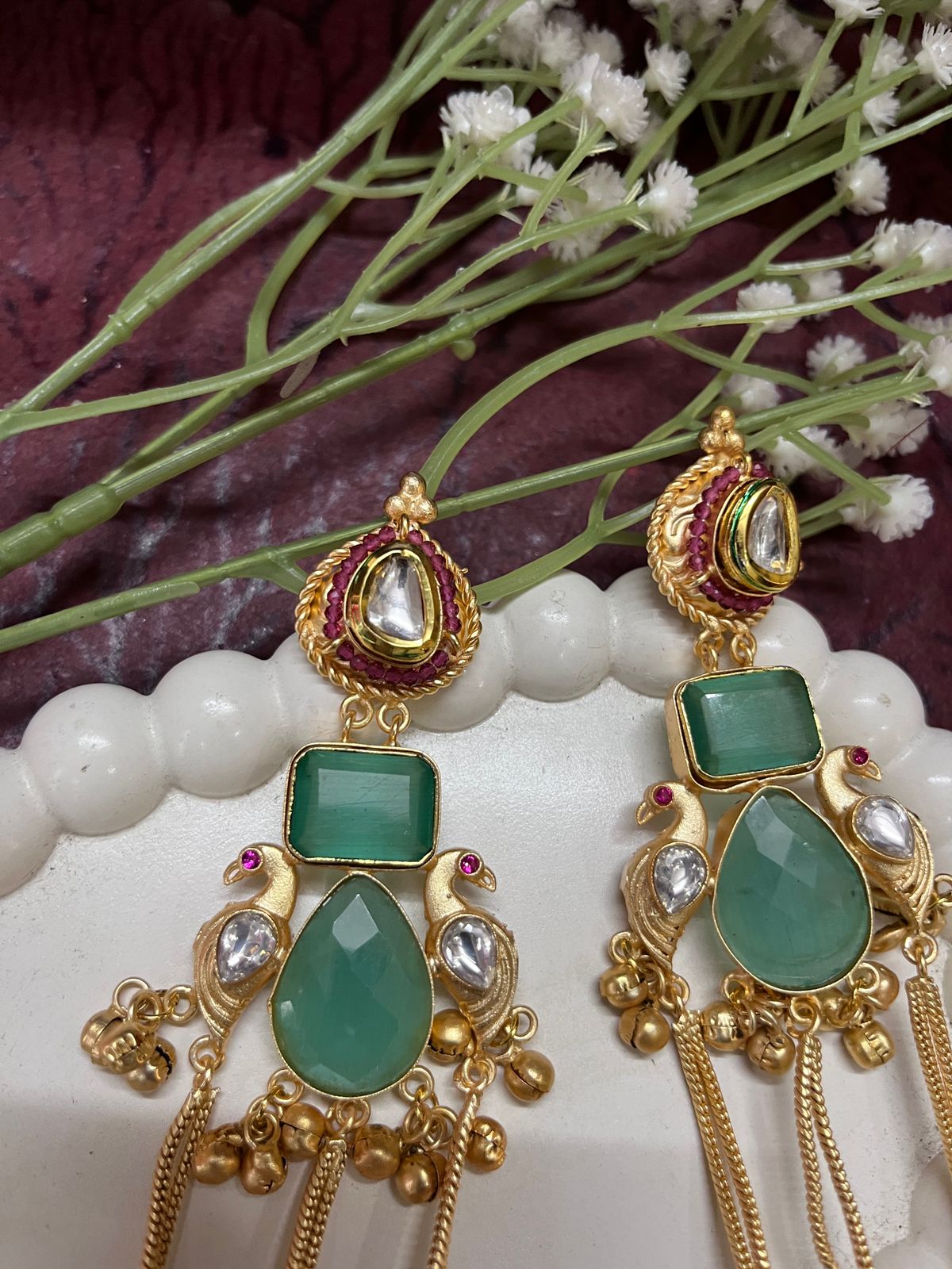 Emerald Green Kundan & Polki Style Brass Chain Earrings