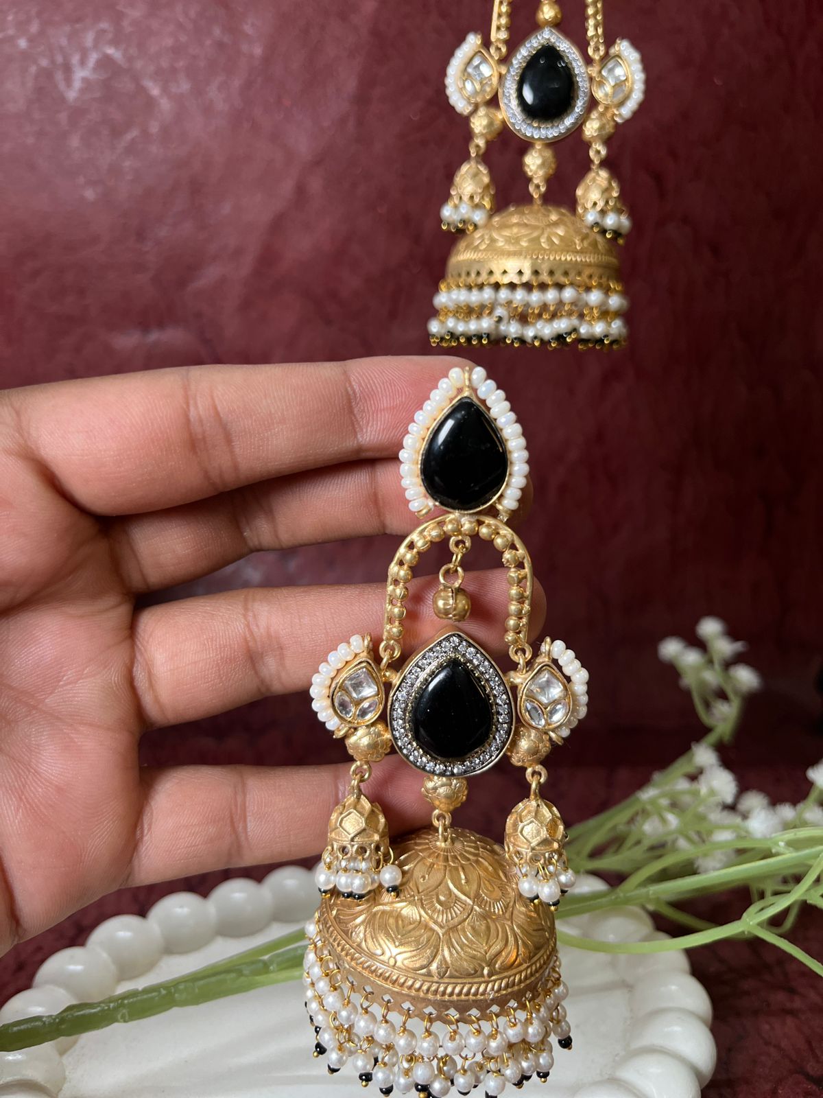 Black Stone and Pearl Jhumka Earrings