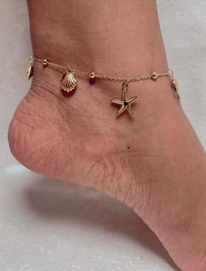 Anti tarnish Gold Plated Coastal Charm Anklet with Seashell and Starfish