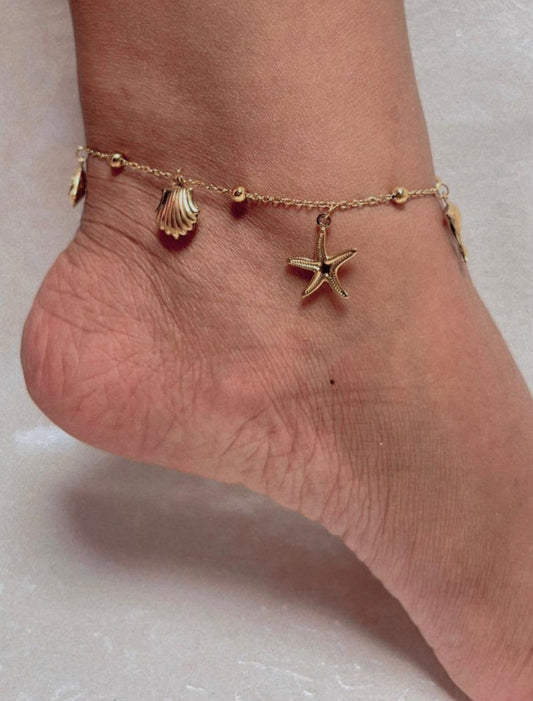 Anti tarnish Gold Plated Coastal Charm Anklet with Seashell and Starfish