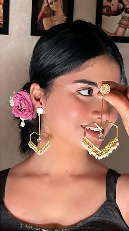Geometric Heart-Shaped Dangle brass Earrings with Pearls