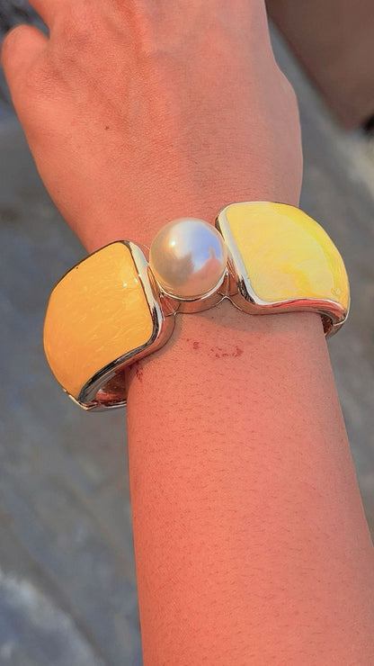 Anti tarnish Bold Yellow Enamel and Faux Pearl Cuff Bracelet