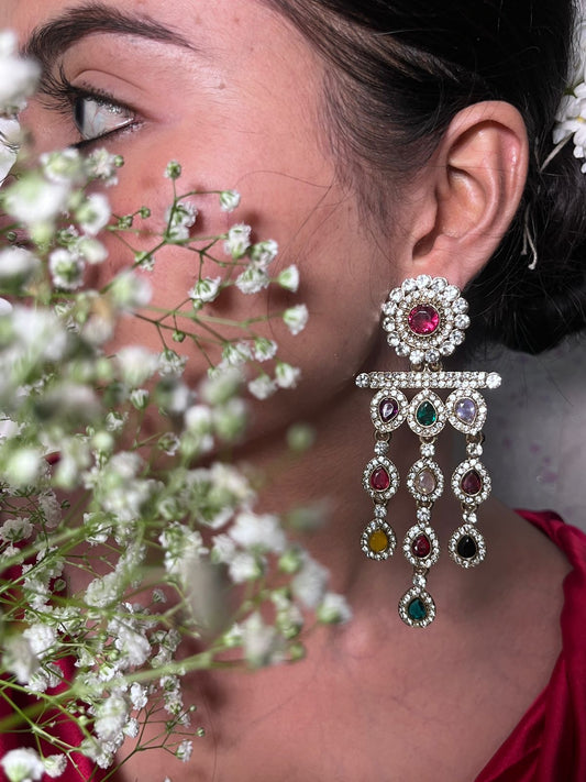 Elegant Navratna Dangler Earrings