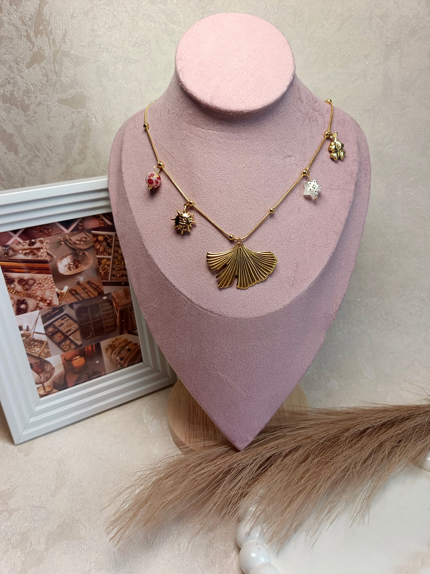 Anti tarnish Golden Ginkgo Leaf Necklace with Dainty Charms
