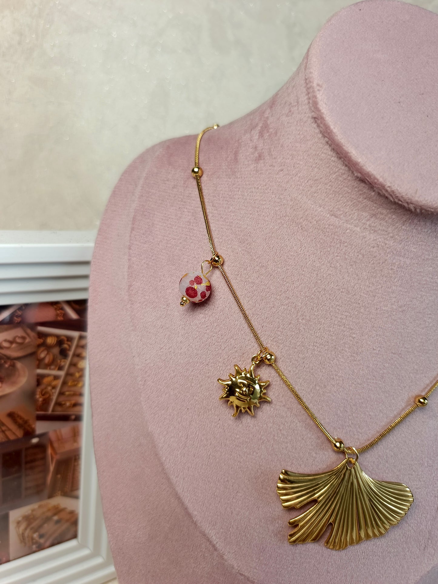 Anti tarnish Golden Ginkgo Leaf Necklace with Dainty Charms
