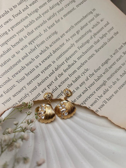 Anti tarnish Gold Shell Drop Earrings with Crystal Embellishments