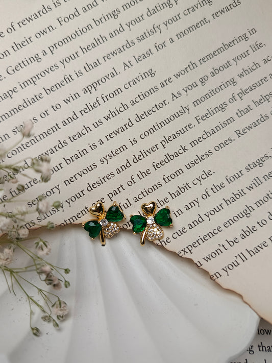 Lucky Four-Leaf Clover Stud Earrings | Gold & Green Crystal