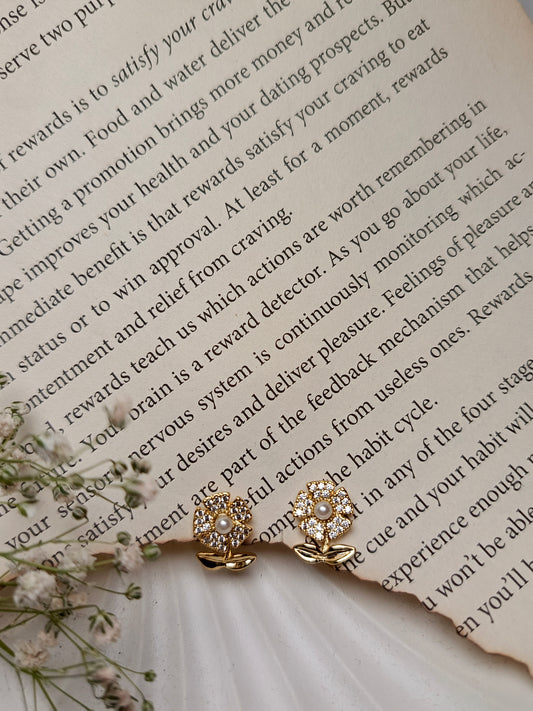 Dainty Pearl & Crystal Flower Stud Earrings | Gold-Toned