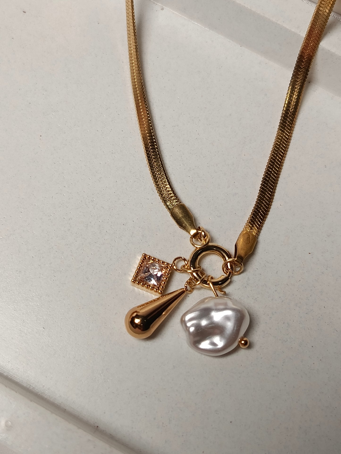 Anti tarnish Modern Elegance Herringbone Necklace with Charm Cluster