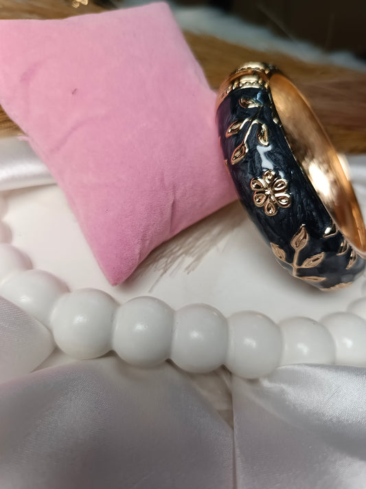 Elegant Black & Gold Floral Enamel Bangle