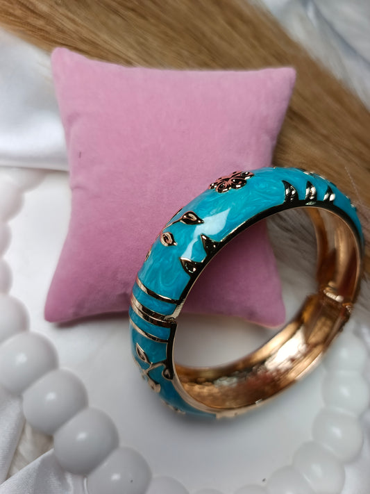 Elegant Blue & Gold Floral Enamel Bangle