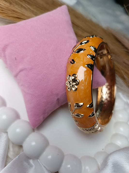 Chic Orange & Gold Floral Enamel Bangle