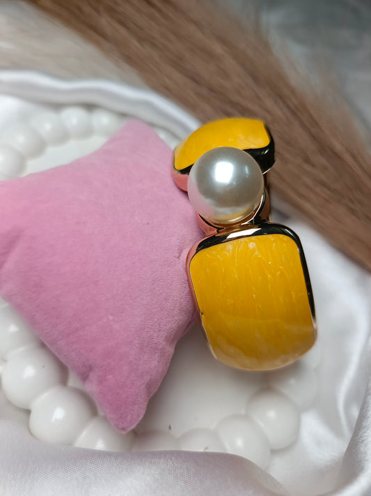 Anti tarnish Bold Yellow Enamel and Faux Pearl Cuff Bracelet