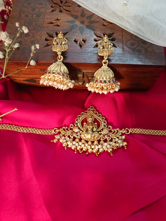 Traditional Lakshmi Kasu Gold Plated Jewellery Set - Jhumkas & Necklace