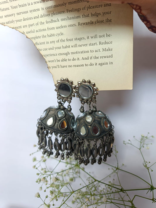 Elegant Oxidized Silver Mirror Work Jhumka Earrings