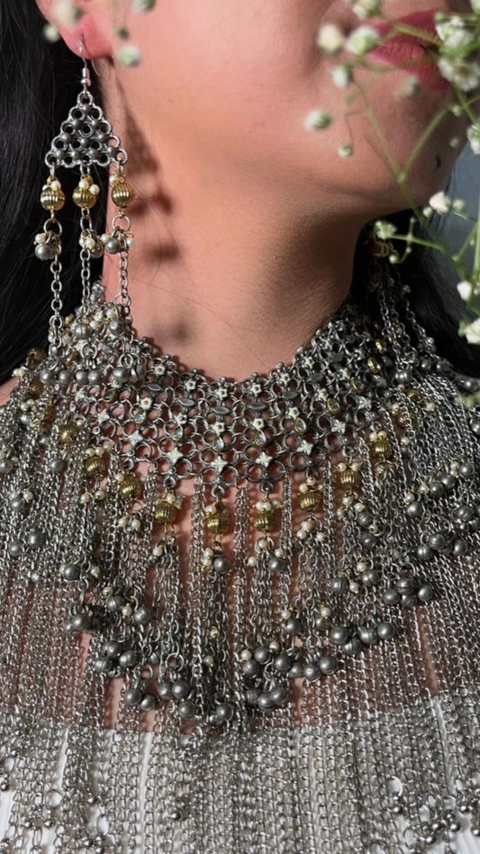 Oxidized Silver Chain and Ghungroo Statement Necklace Set