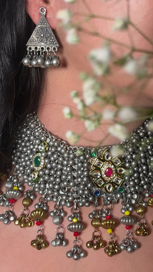 Grand Oxidized Silver Choker Necklace with Ghungroos and Gemstones