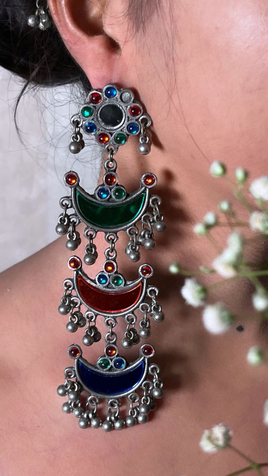 Oxidised Mirror & Drop Earrings