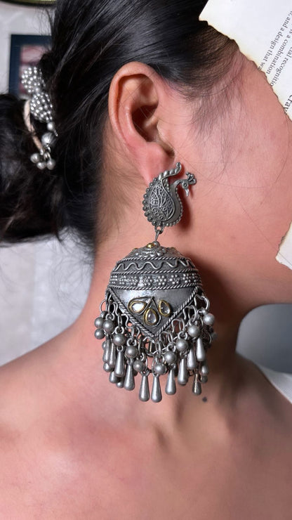 Handcrafted Oxidized Peacock Jhumka Earrings