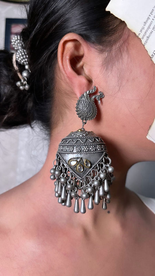 Handcrafted Oxidized Peacock Jhumka Earrings