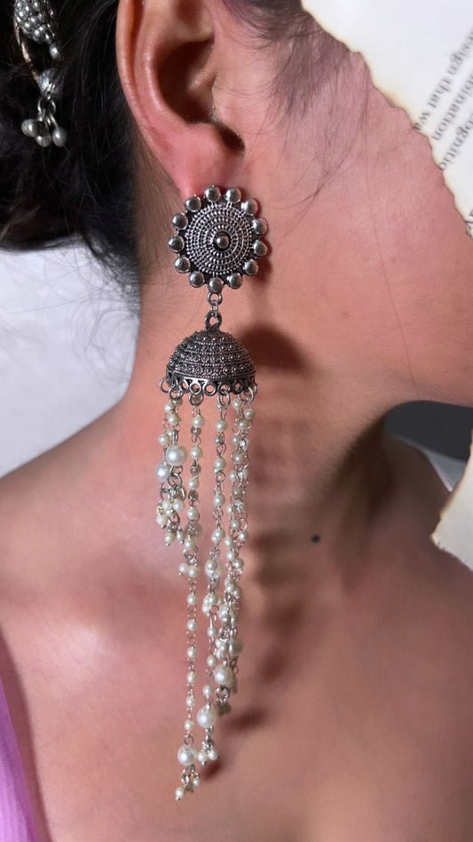 Oxidized Jhumka Earrings with Pearl Tassels