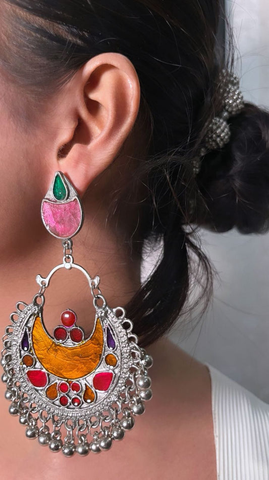 Colorful Meenakari Jhumka Earrings in Oxidized Silver