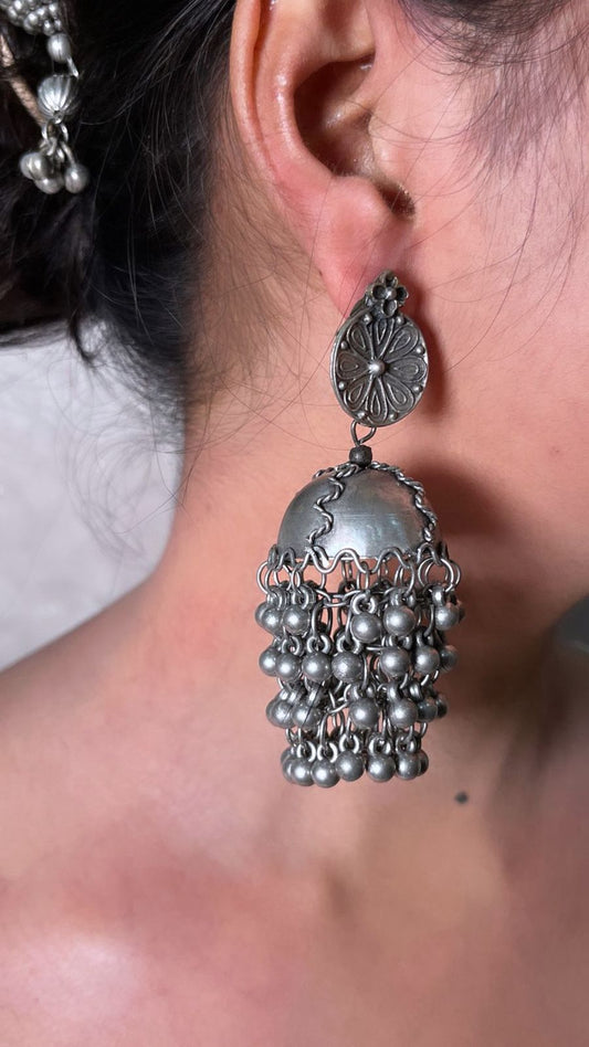 Grand Oxidized Silver Dangle Jhumka Earrings