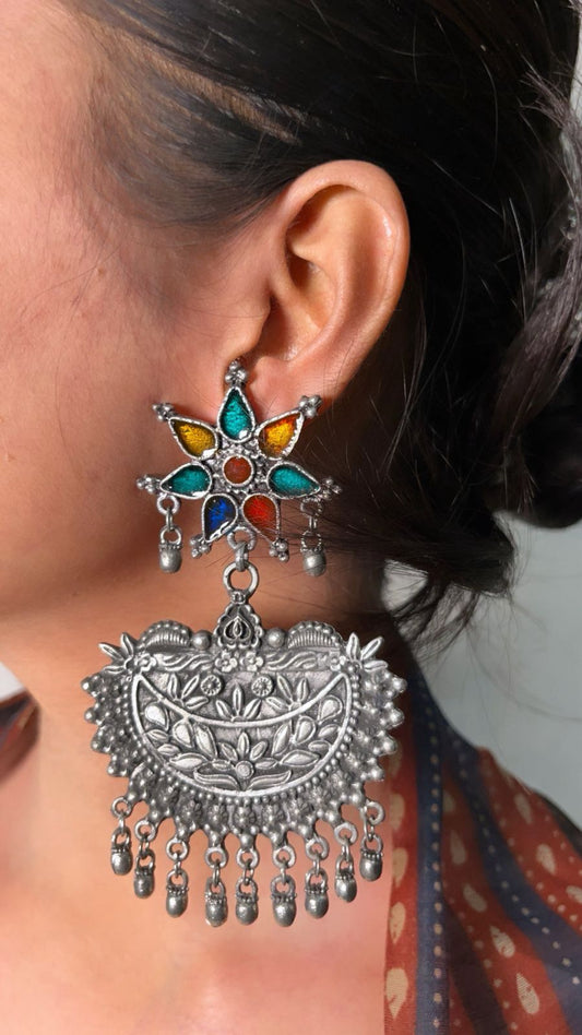 Bohemian Oxidized Silver Jhumka Earrings with Colorful Glass