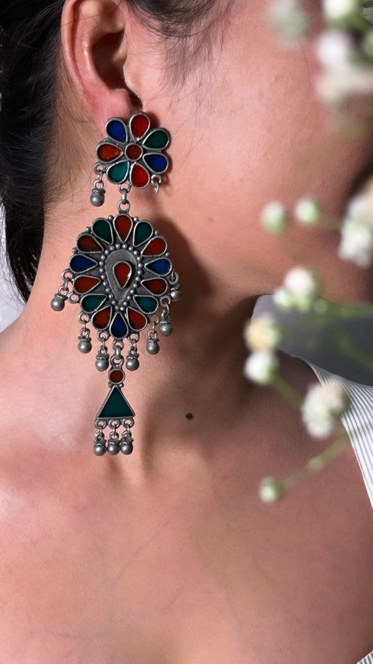 Exquisite Oxidized Silver Earrings with Multi-Colored Enamel