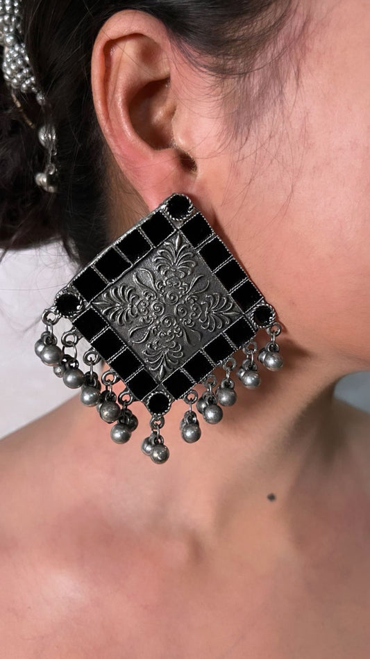 Title: Striking Oxidized Silver Square Earrings with Black Enamel