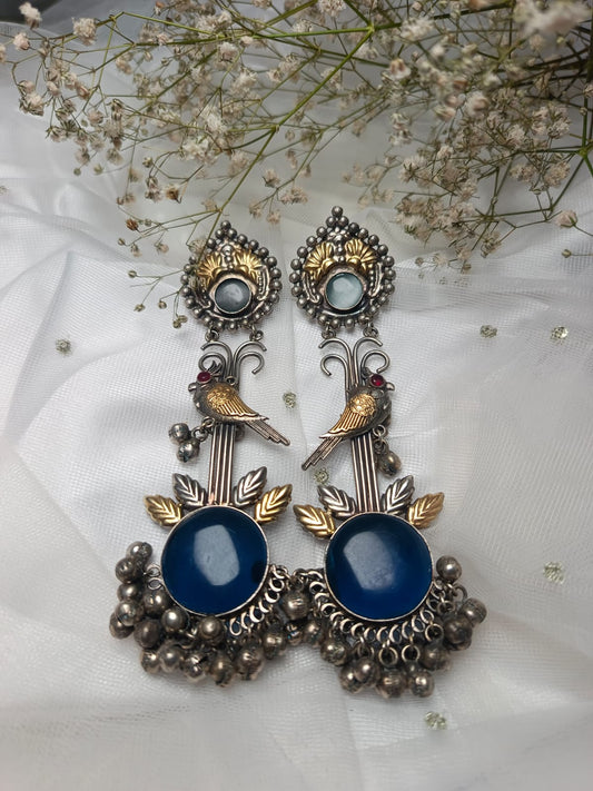 Gold Bird Motif brass Earrings with Blue Stone Drop